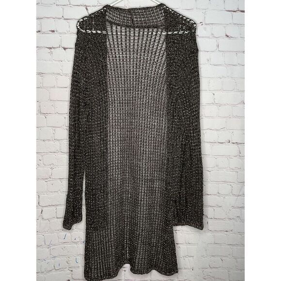 Eileen Fisher Cardigan Women Medium Cotton Linen Brown Metallic Open Knit Hi/Low - Picture 6 of 10